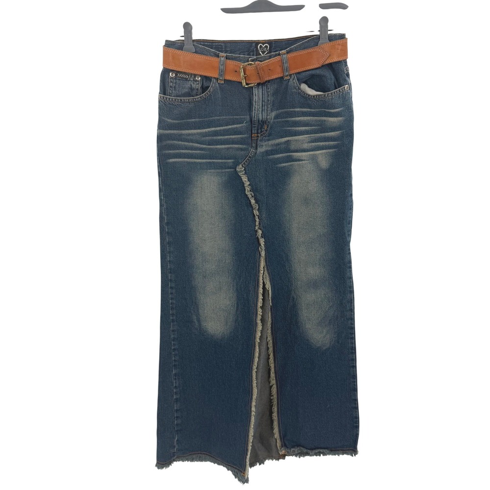 Vintage XOXO Denim Maxi Skirt Blue Whiskered Raw Hem Frayed Slit with Belt Y2k